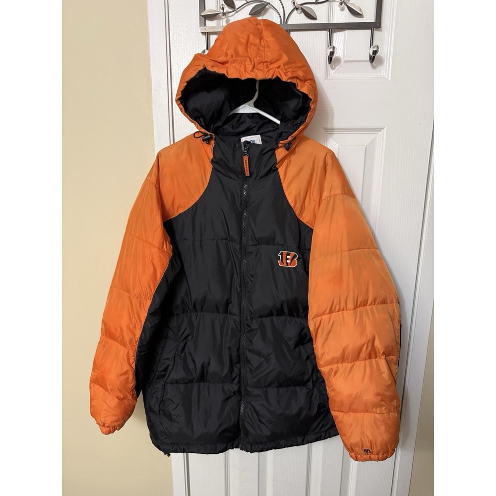 Cincinnati Bengals Jacket Mens L Black Orange NFL Football Hooded Puffer Coat